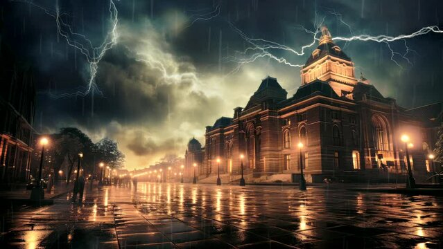 Electric Cityscape: Nighttime Thunderstorm Among Urban Towers