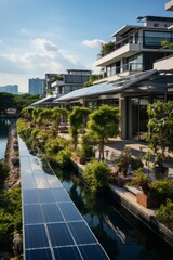 Futuristic urban landscape adorned with solar panels on rooftops, blending sustainability with modern architecture, Generative AI