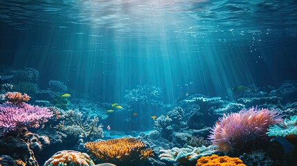 Long banner with underwater world and vivid sunset sky. Transparent deep water of the ocean or sea with rocks, fish and plants.