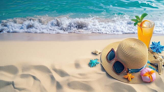 Straw hat with a exotic cocktail and sunglasses Beach Sea travel accessories for photograph on sand beach background. Travel , Vocation , relaxation concept.