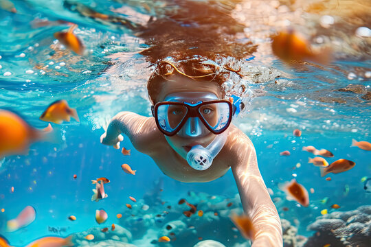 Happy family - active kid in snorkeling mask dive underwater, see tropical fishes in coral reef sea pool. Travel adventure, swimming activity on summer beach vacation with child.