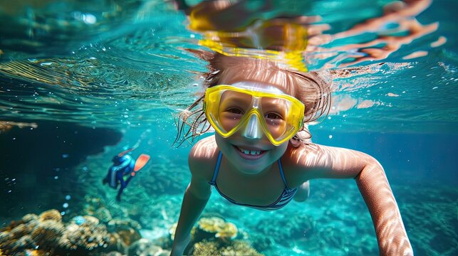 Portrait of happy little girl with snorkeling equipment underwater sea.