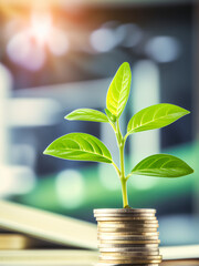 Growing wealth from nature's roots: A vibrant plant emerges from a bed of coins in a pot, symbolizing the fruitful union of money and nature in the world of business and finance