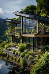 Modern eco-friendly house surrounded by lush greenery, powered by a combination of solar panels and wind turbines, Generative AI