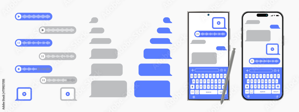 Poster set of buttonssmartphone chatting screen in mobile communication. voice message bubble template desi