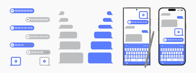 set of buttonsSmartphone chatting screen in mobile communication. Voice message bubble template design. Text messages send and receive with messenger conversation mockup. SMS chat. Vector.