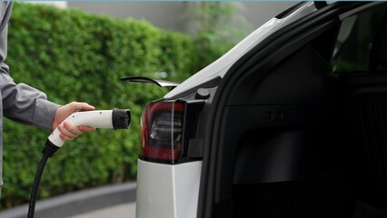 Young man recharge EV electric car in green sustainable city outdoor summer garden as lifestyle of...