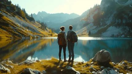 Foto auf Acrylglas Travelers couple look at the mountain lake. Travel and active life concept with team. Adventure and travel in the mountains region in the Austria : Generative AI © Generative AI