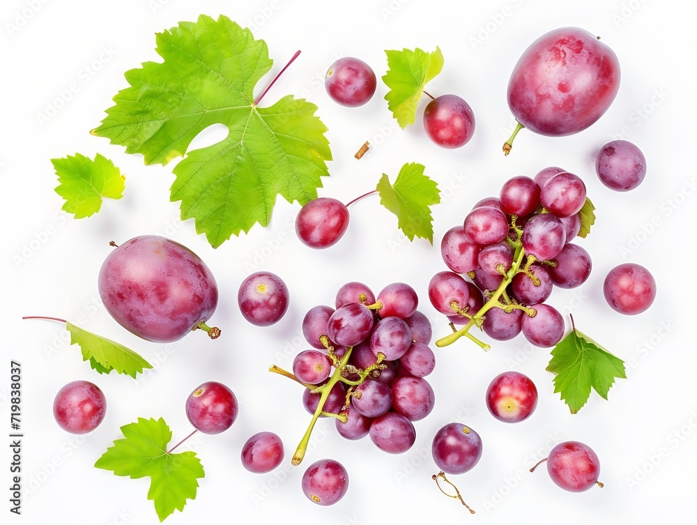 Poster Red grapes with green leaves and half sliced isolated on white background. Top view. Flat lay. Grape pattern texture background. : Generative AI
