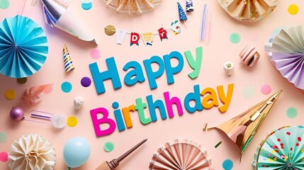Happy birthday party background with text and colorful tools, top view : Generative AI