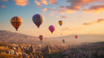 Colorful hot air balloons flying over mountain : Generative AI