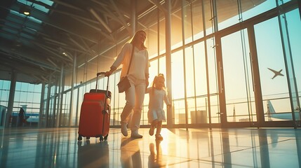 Airport, family and child excited for flight with suitcase trolley on holiday, vacation or immigration journey and travel. Luggage of mother, father or diversity parents with girl kid  : Generative AI - Powered by Adobe