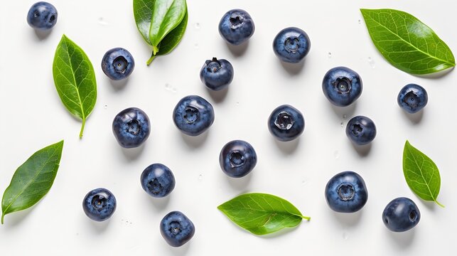Fresh blueberries with bluberry leaves isolated on white background. Top vew. : Generative AI
