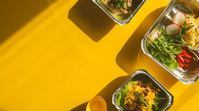 Healthy food delivery. Take away of organic daily meal on yellow, copy space. Clean eating concept, healthy food, fitness nutrition take away in foil boxes, top view. : Generative AI