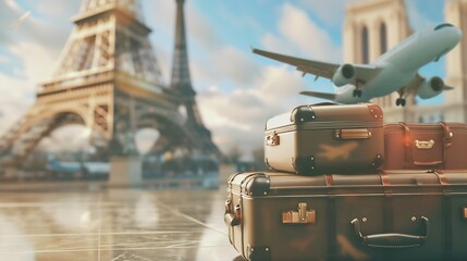 Travel Concept with Plane, Famous Landmark World, and Traveling luggage : Generative AI