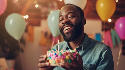 Cropped view caucasian adult happy bearded man celebrate birthday at home diverse african caucasian friends congratulate male with festive cake blowing party whistles make surprise ann : Generative AI