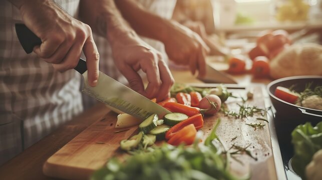 Close up cropped image of cutting board and couple cutting vegetables in the kitchen together, preparing food meal at home. Vegetarian healthy food : Generative AI