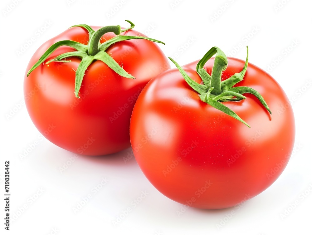 Poster tomato isolated on white background. fresh red two tomato : generative ai