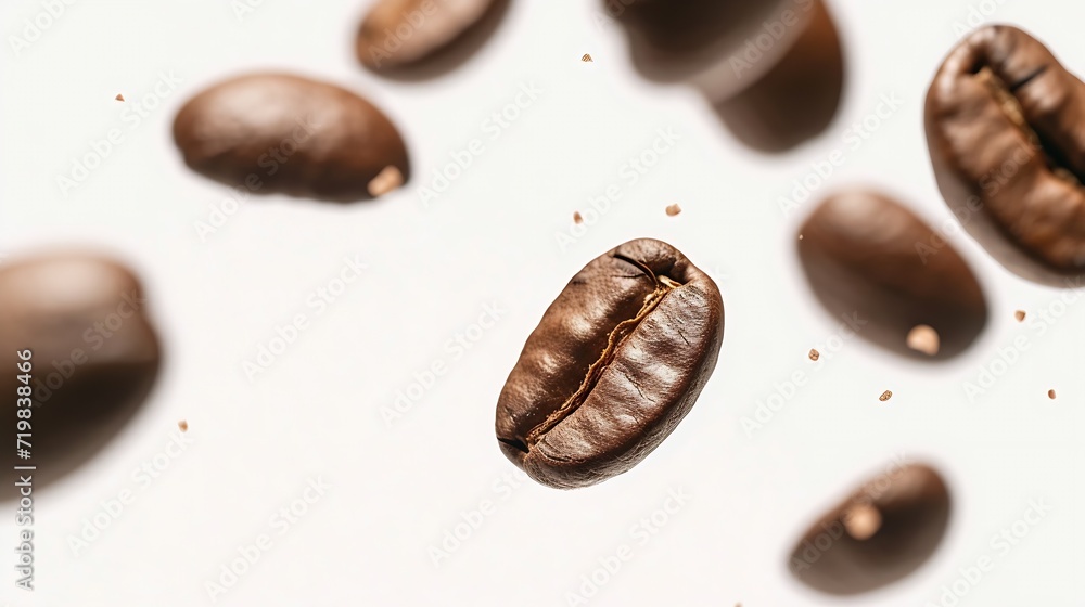 Poster coffee beans in the air close -up isolated on a white background : generative ai