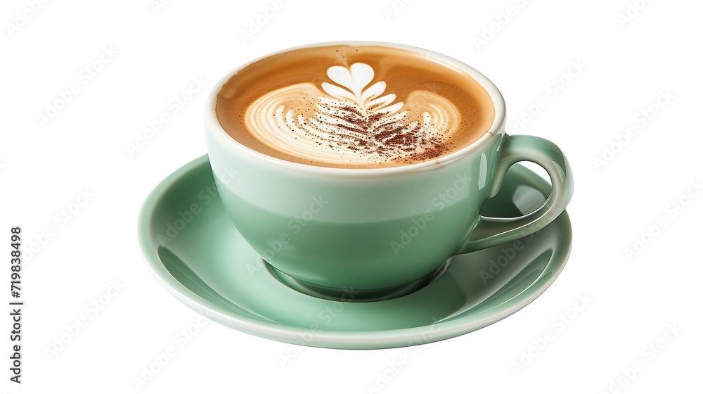 Fototapete Side view of hot latte coffee with latte art in a ceramic green cup and saucer isolated on white background with clipping path inside. Image Stacking Techniques. : Generative AI