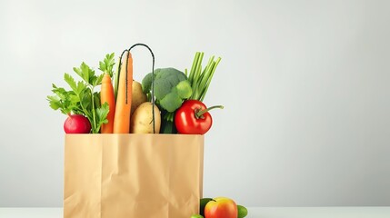 Paper bag with vegetables and fruits on white background. Vegetarian food : Generative AI