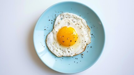 Top view of delicious breakfast of fried egg with yellow yolk served on blue ceramic plate on table against white background : Generative AI