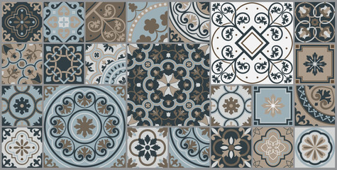 Mediterranean tile abstract geometric floral patterns. Portuguese culture, in blue and white. Vector illustration