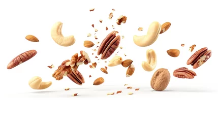 Fotobehang Flying cashew, almond, hazelnut, pecan and brazil nuts falling isolated on white background. Nut mix. Top view. Package design elements : Generative AI © Generative AI