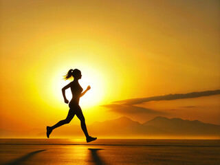 Serene Running at Sunset with Silhouetted Woman Embracing Nature's Beauty