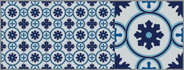 Set of patterned floor tiles. Mediterranean seamless pattern. Traditional Portuguese tiles. Vector illustration