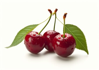 Cherry isolated on white background, fresh cherries with stems and leaves, berry collection : Generative AI