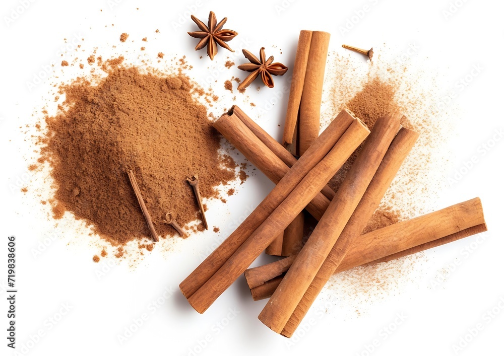 Poster cinnamon sticks and heap of powder isolated on white background, top view : generative ai