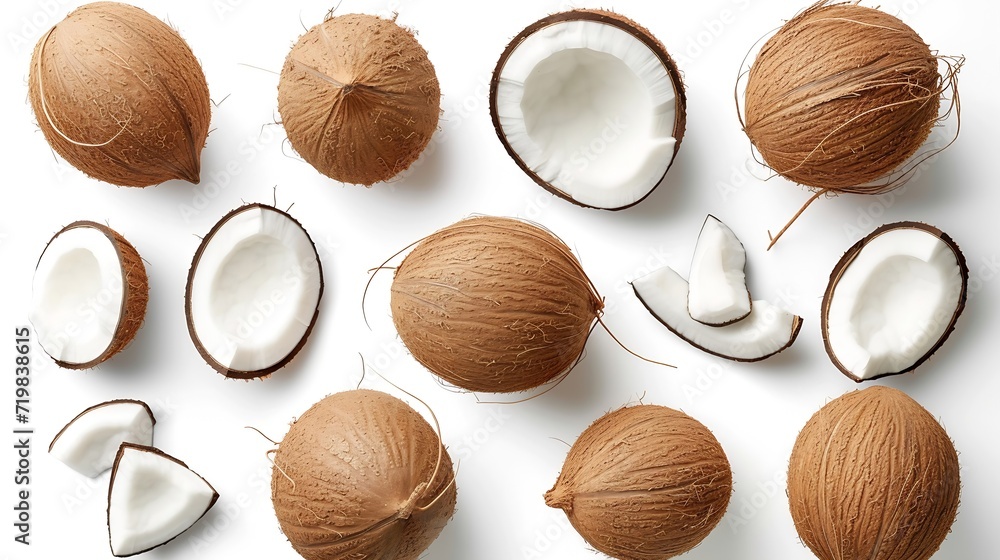 Poster set of fresh whole and half coconut and slices isolated on white background, top view : generative a
