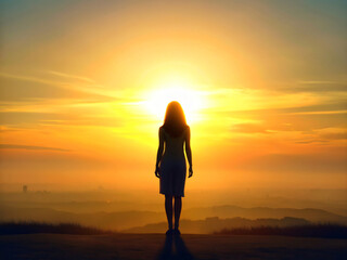 Obraz premium Serene Motivation at Sunset with Silhouetted Woman Embracing Nature's Beauty