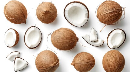 Set of fresh whole and half coconut and slices isolated on white background, top view : Generative AI