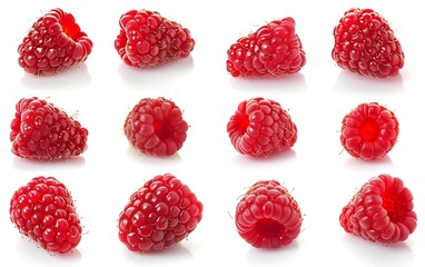 Collection or set of various fresh ripe raspberries isolated on white background : Generative AI