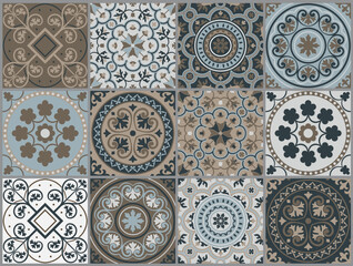 Tiling Mediterranean tile abstract geometric floral patterns. Traditional Portuguese culture, in blue and white. Editable vector illustration