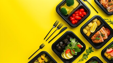 Healthy lunch at the workplace. Pick up food in black containers with Cutlery on a yellow background : Generative AI