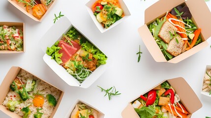 Restaurant healthy food delivery in take away boxes for daily nutrition on white background : Generative AI