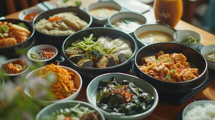 Korean foods served on a dining table. Perfect for photo illustration, article, or any cooking contents. : Generative AI