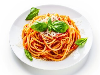 Spaghetti with tomato sauce, parmesan and mozzarella cheese decorated with basil.isolated on white background : Generative AI