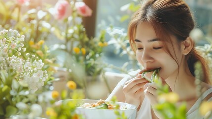 Naklejka premium Young woman eating healthy food sitting in the beautiful interior with green flowers on the background : Generative AI