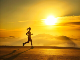 Fototapeta na wymiar Serene Running at Sunset with Silhouetted Woman Embracing Nature's Beauty