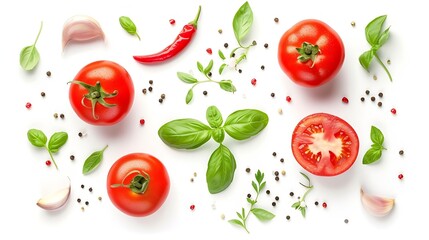 Tomato, basil, spices, chili pepper, onion, garlic. Vegan diet food, creative composition isolated on white. Fresh basil, herb, tomatoes pattern layout, cooking concept, top view. : Generative AI