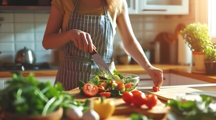 Obraz na płótnie Canvas Young adult woman preparing a healthy salad in the kitchen : Generative AI