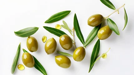 Gordijnen Green olives with leaves isolated on a white background with full depth of field. Top view. Flat lay : Generative AI © Generative AI