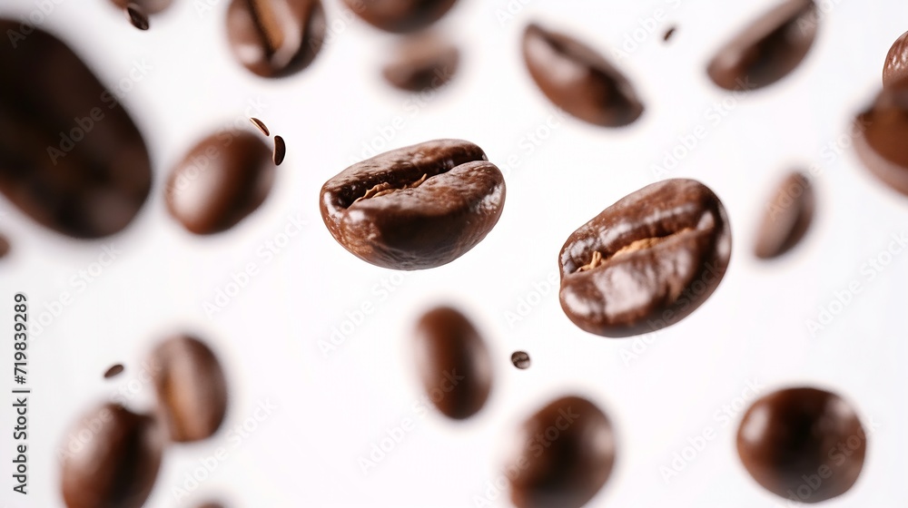 Poster coffee beans in the air close -up isolated on a white background : generative ai
