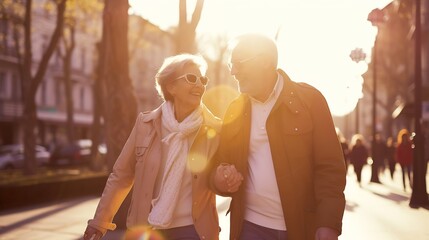 Happy older couple having fun walking outdoors in city. Retired people enjoying a sightseeing walk on street in spring. Mature couple relationships and vacations of pensioners. : Generative AI