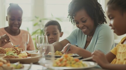 Obraz na płótnie Canvas Happy African American family eating lunch together at dining table. Focus is on mother serving food. : Generative AI