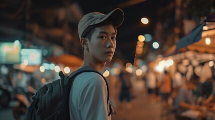 Young Asian traveling backpacker in Khaosan Road outdoor market in Bangkok, Thailand : Generative AI